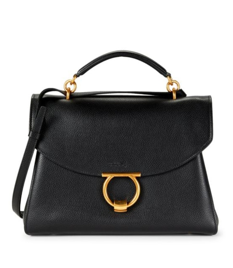 Salvatore Ferragamo Margot Leather Shoulder Bag Black Pebbled Leather.
